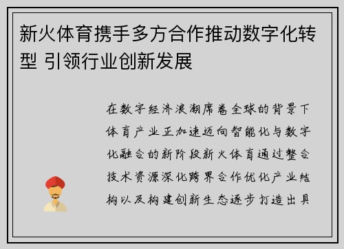 新火体育携手多方合作推动数字化转型 引领行业创新发展